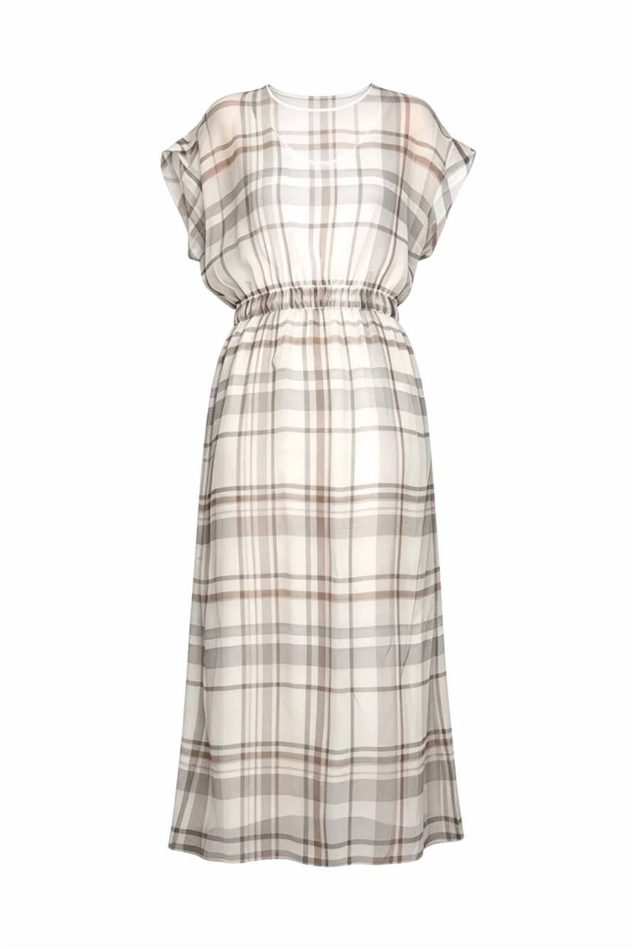 NEW BRUNELLO CUCINELLI women's short-sleeved midi check dress in white, grey, an